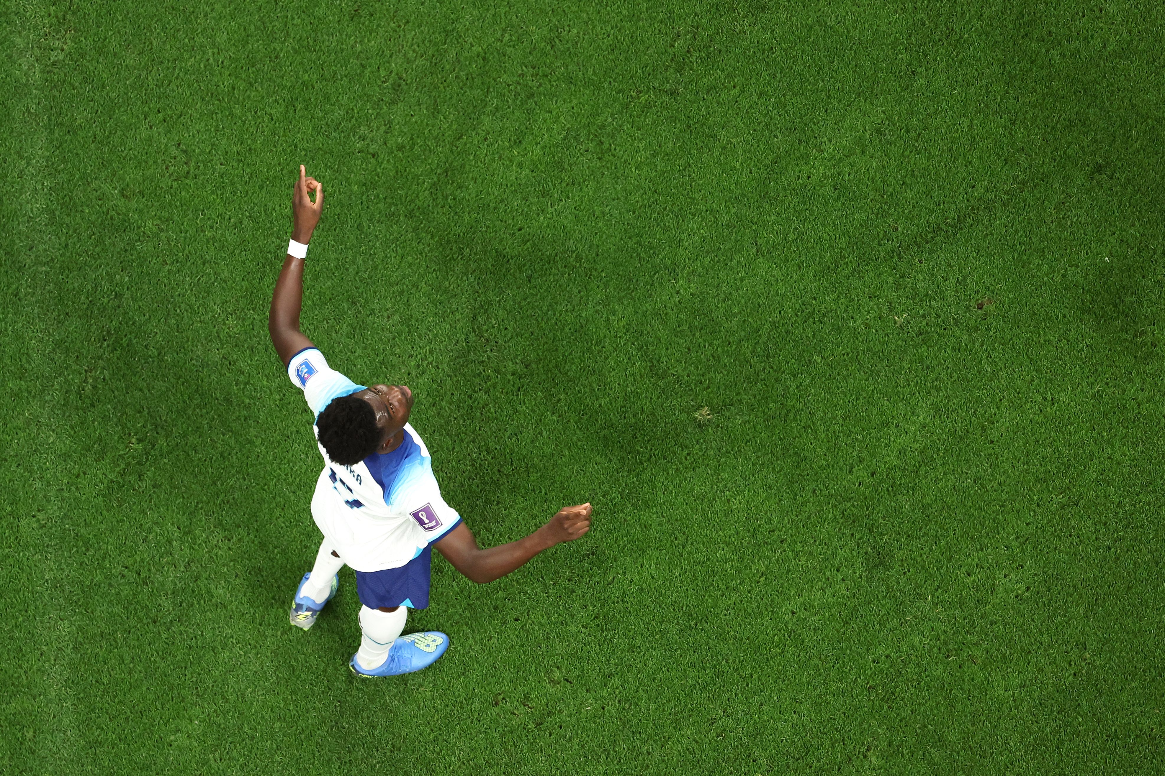 Bukayo Saka celebrates scoring for England against Iran at the World Cup in Qatar in November 2022