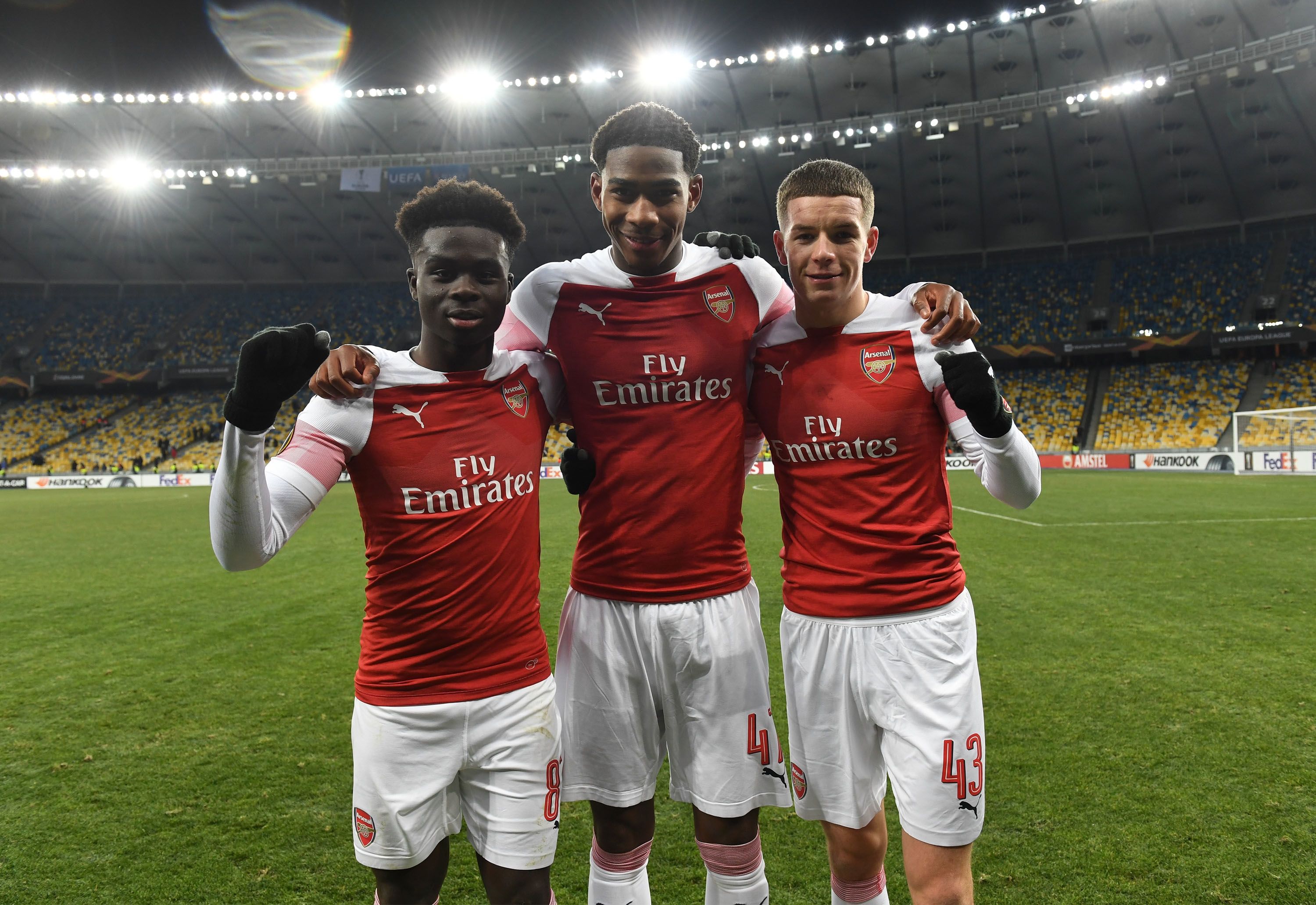  Arsenal debutants Bukayo Saka, Zech Medley and Charlie Gilmour after the UEFA Europa League Group E match between Vorskla Poltava and Arsenal at Oleksiy Butovsky Vorskla Stadium on November 29, 2018 in Poltava, Ukraine. (