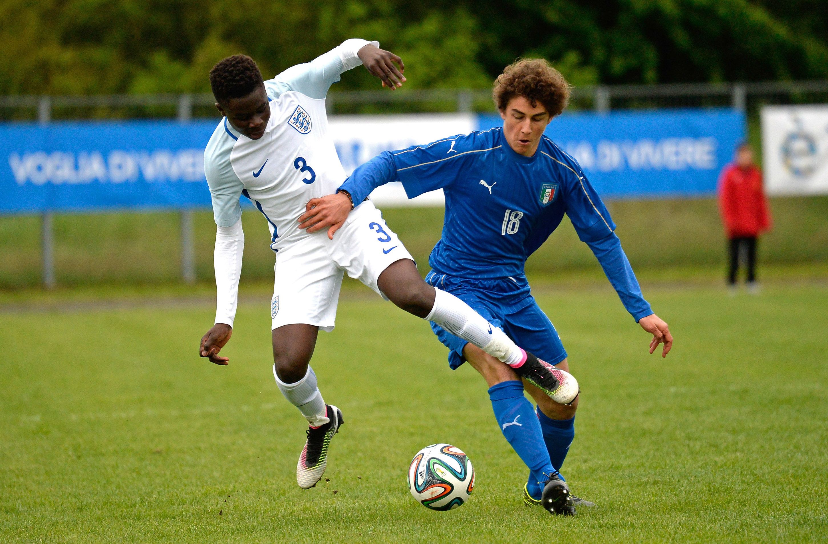 Bukayo Saka in action against Italy for England Under-15s in April 2016 in Gradisca d'Isonzo, Italy 