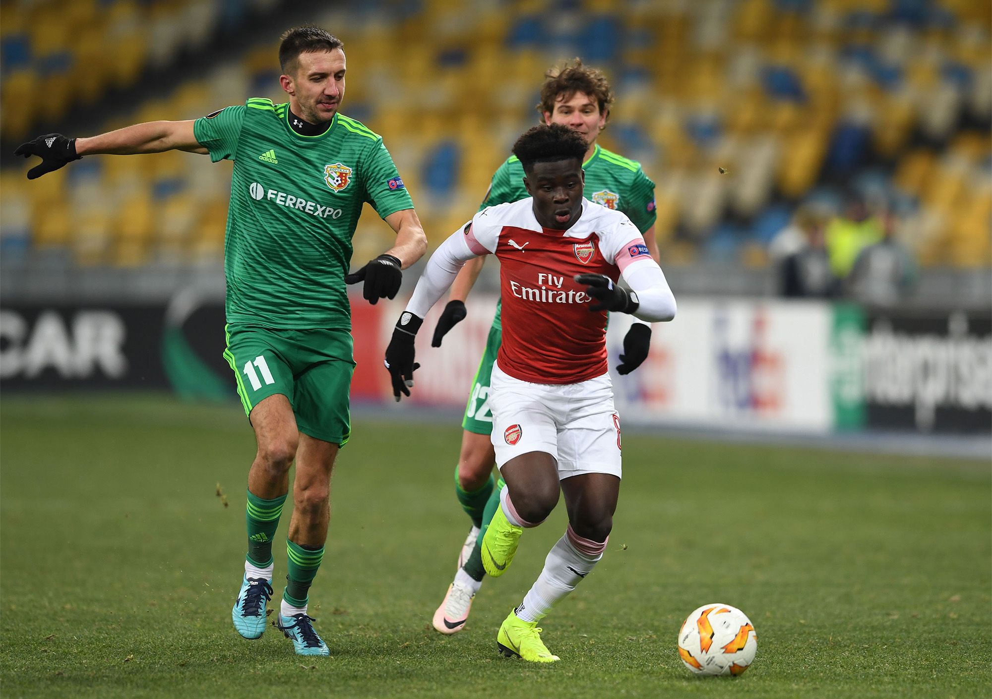 Bukayo Saka in action on his first-team debut against Vorskla Poltava in the UEFA Europa League group stage in November 2018