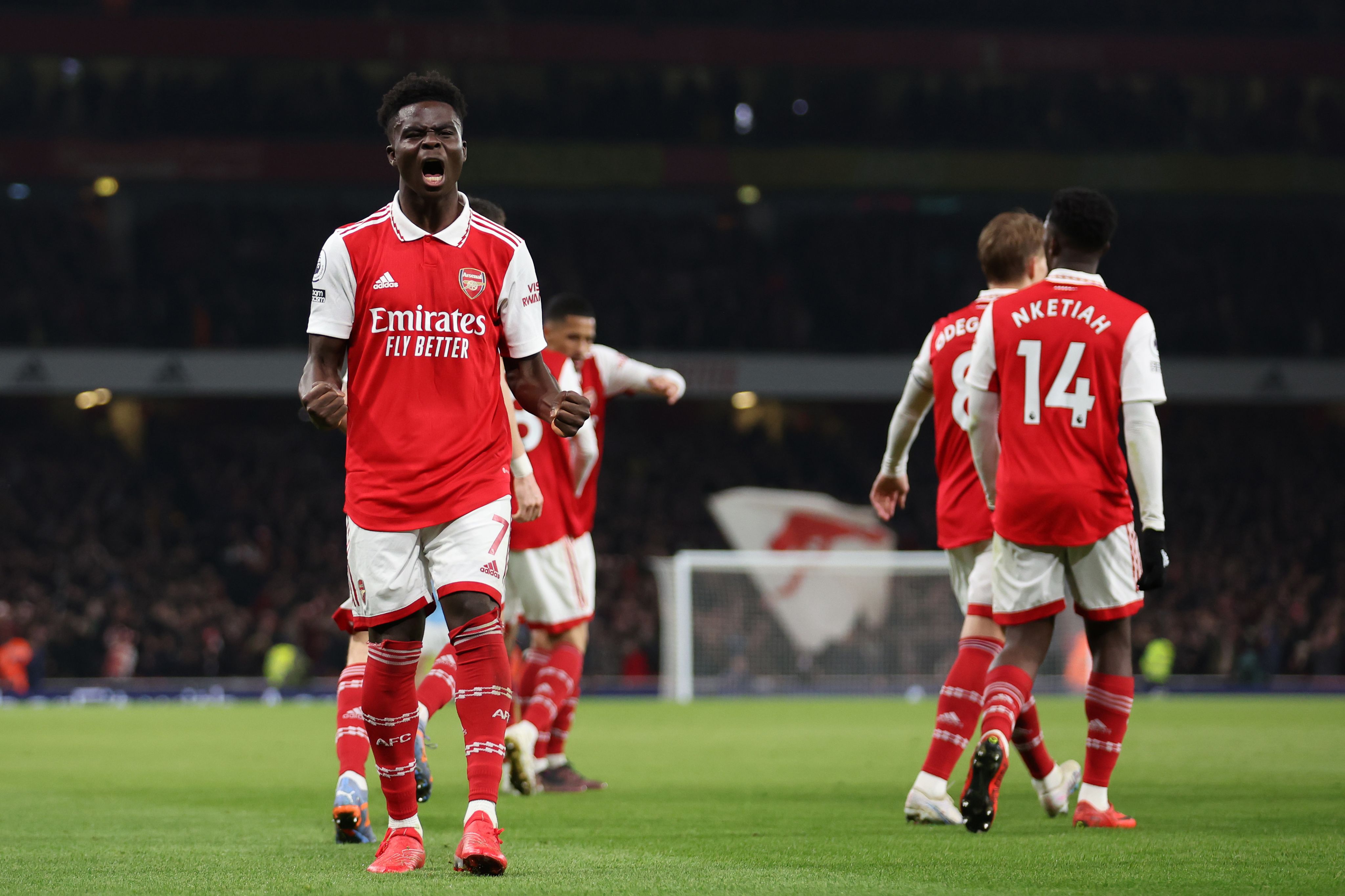 Bukayo Saka celebrates scoring against Manchester City at Emirates Stadium in February 2023