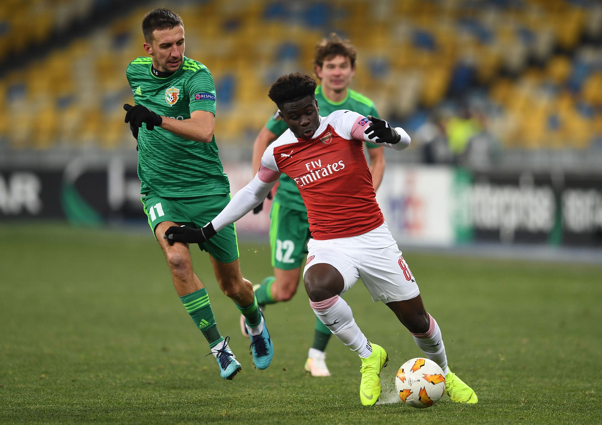 Bukayo Saka in action on his first-team debut against Vorskla Poltava in the UEFA Europa League group stage in November 2018