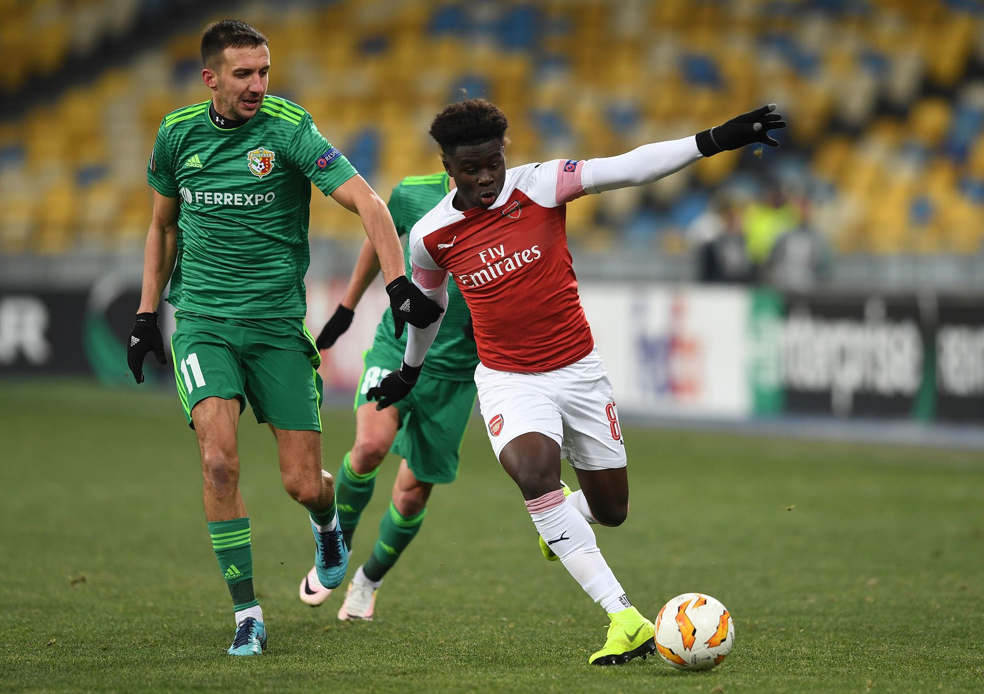 Bukayo Saka in action on his first-team debut against Vorskla Poltava in the UEFA Europa League group stage in November 2018