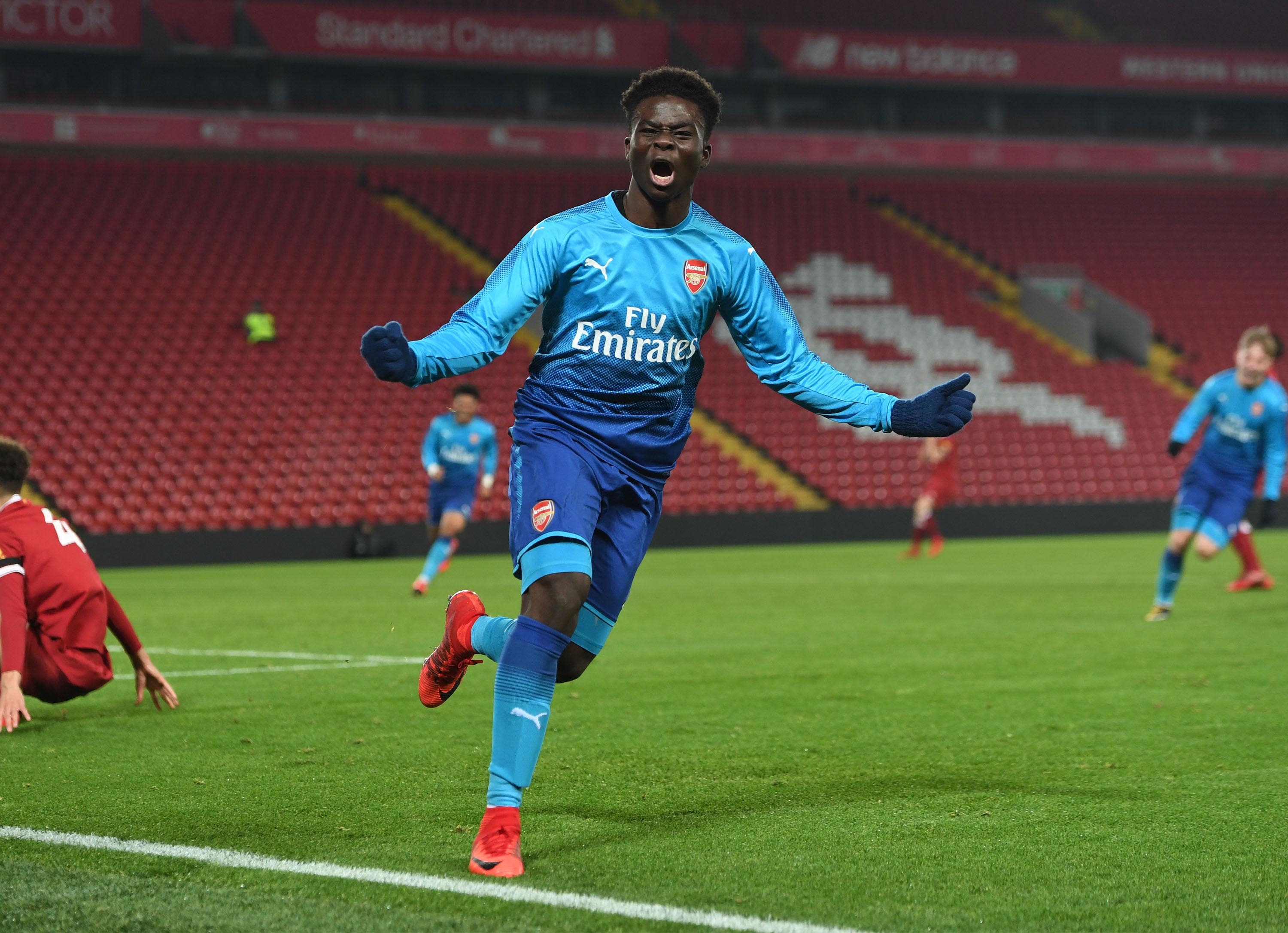 Bukayo Saka celebrates scoring at Anfield in the FA Youth Cup in January 2018