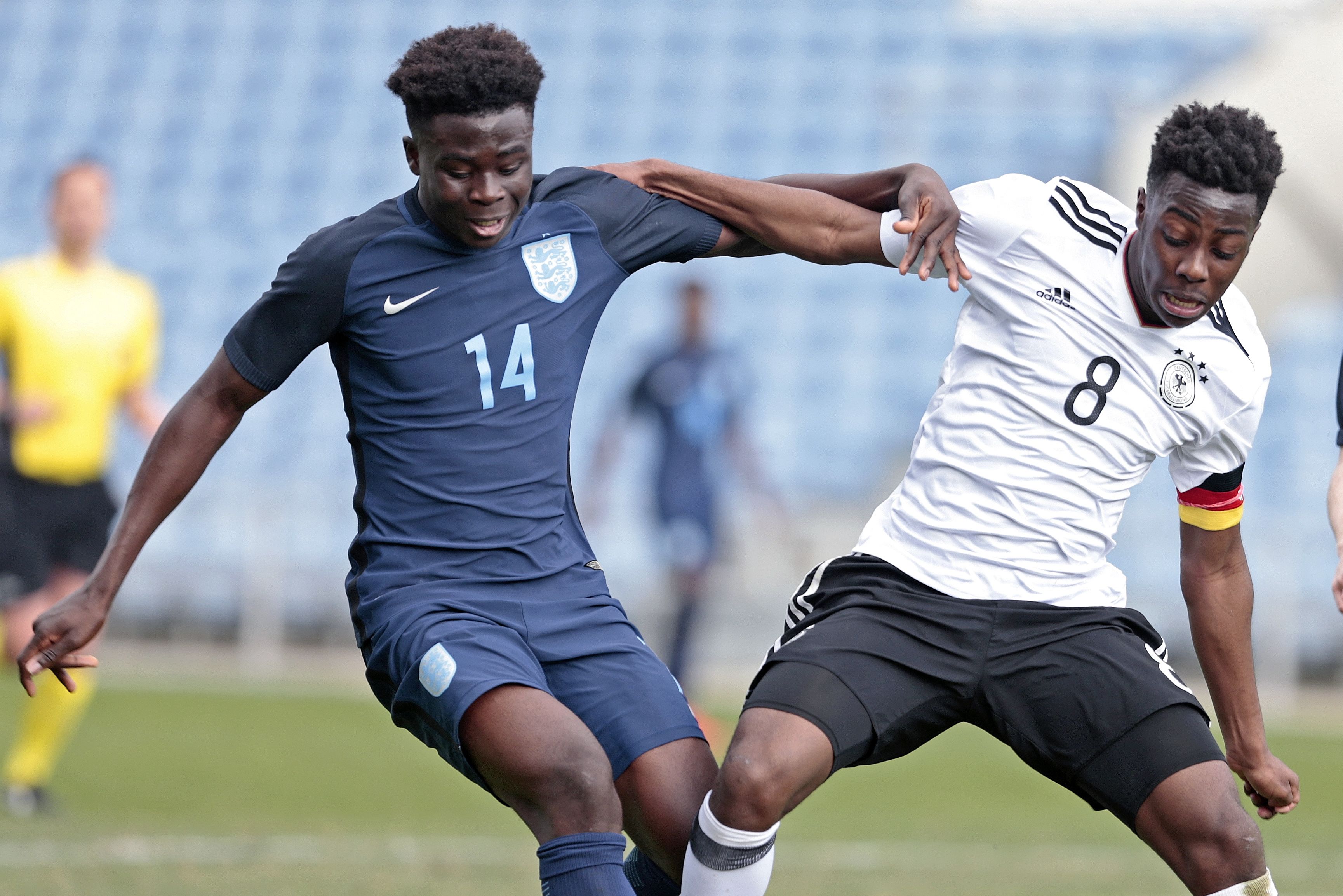 Bukayo Saka in action for England Under-17s against Germany at Algarve Stadium in February 2018