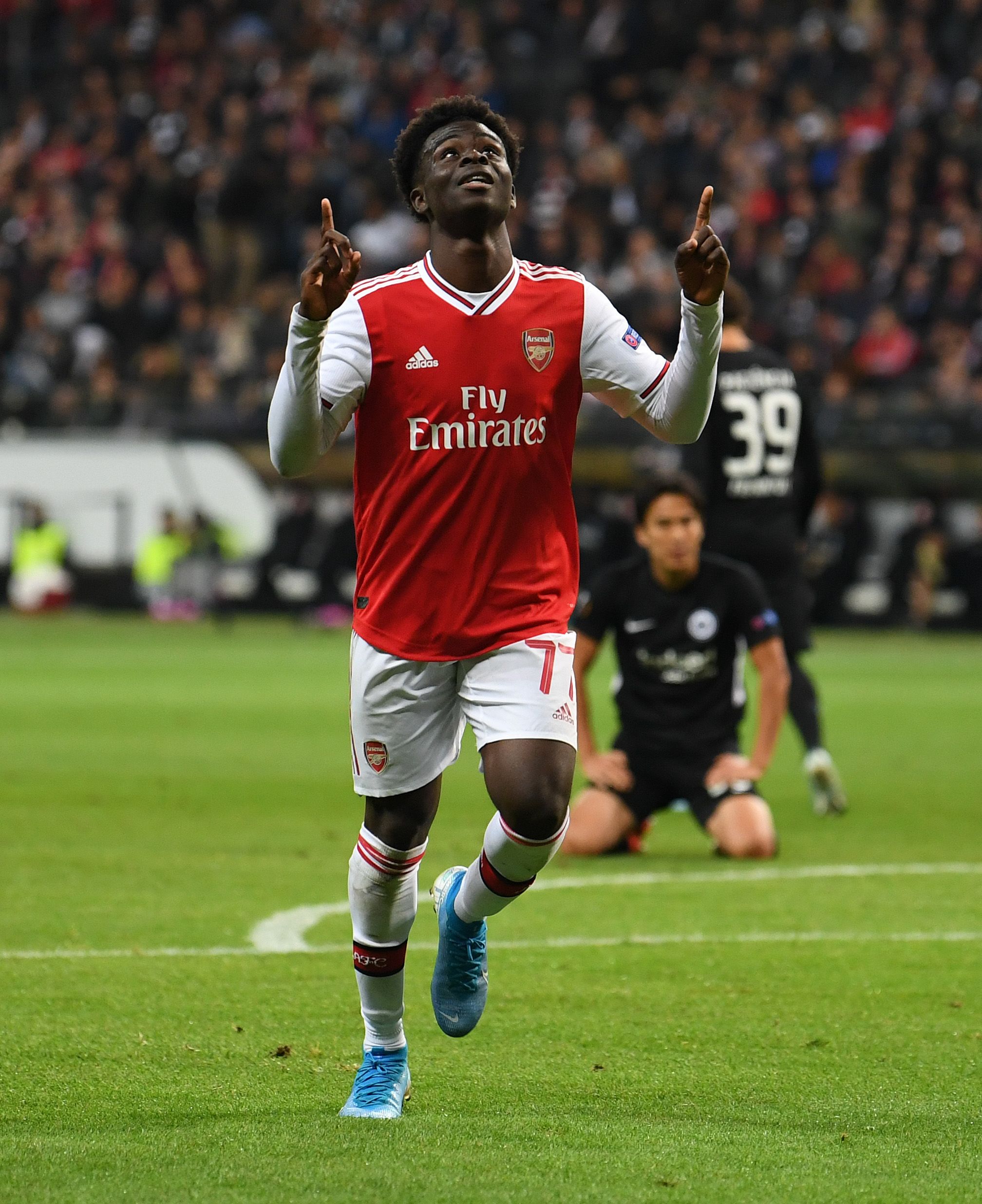 Bukayo Saka celebrates scoring Arsenal's second goal during the UEFA Europa League group stage win over Eintracht Frankfurt in September, 2019
