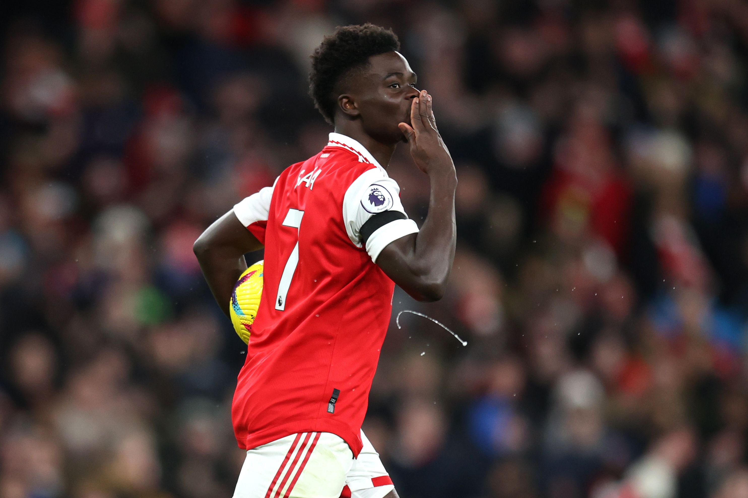 Bukayo Saka celebrates scoring the first goal during the Premier League win over West Ham United at Emirates Stadium in December 2022
