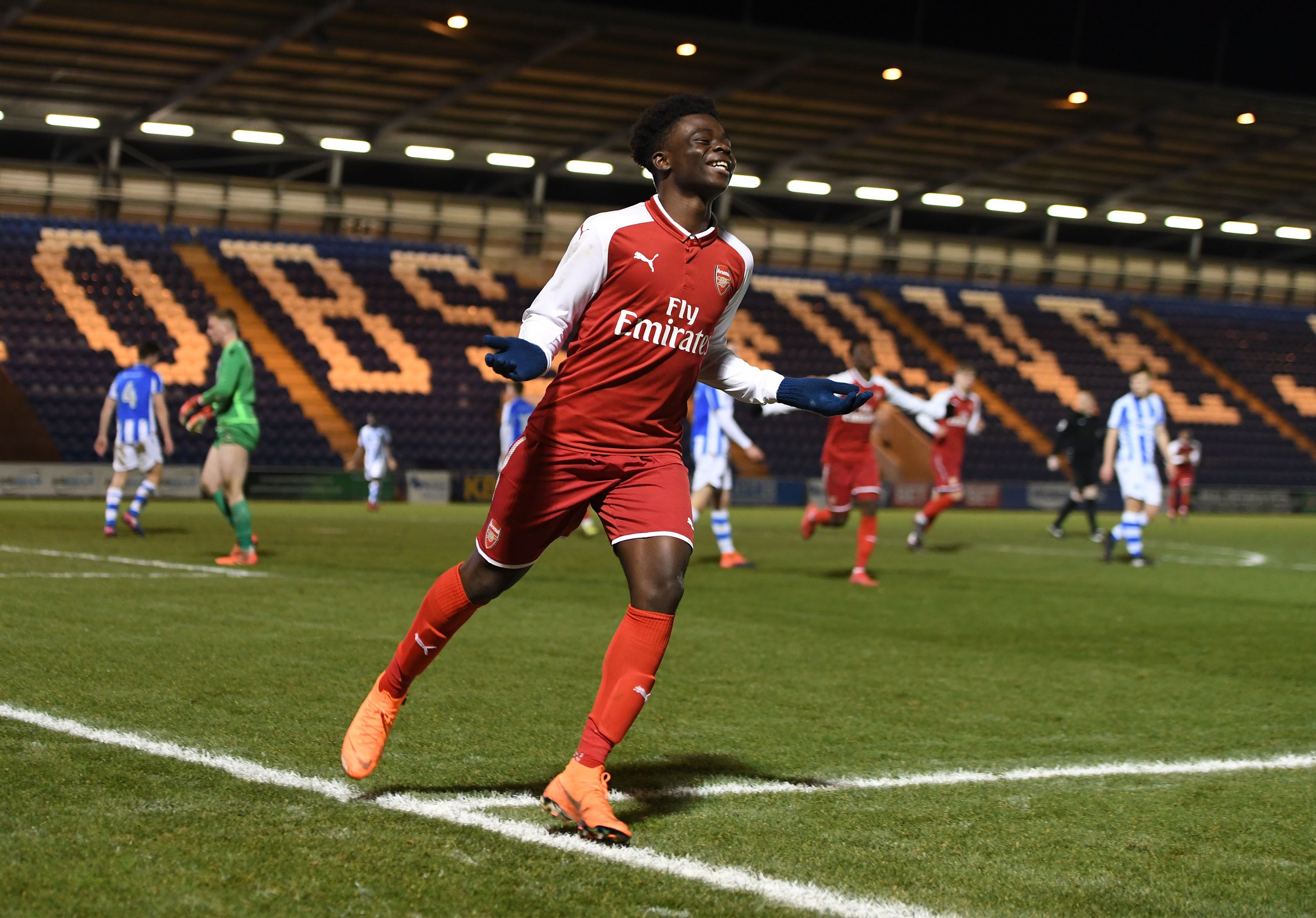 Bukayo Saka celebrates scoring Arsenal's third goal during the FA Youth Cup win over Colchester United