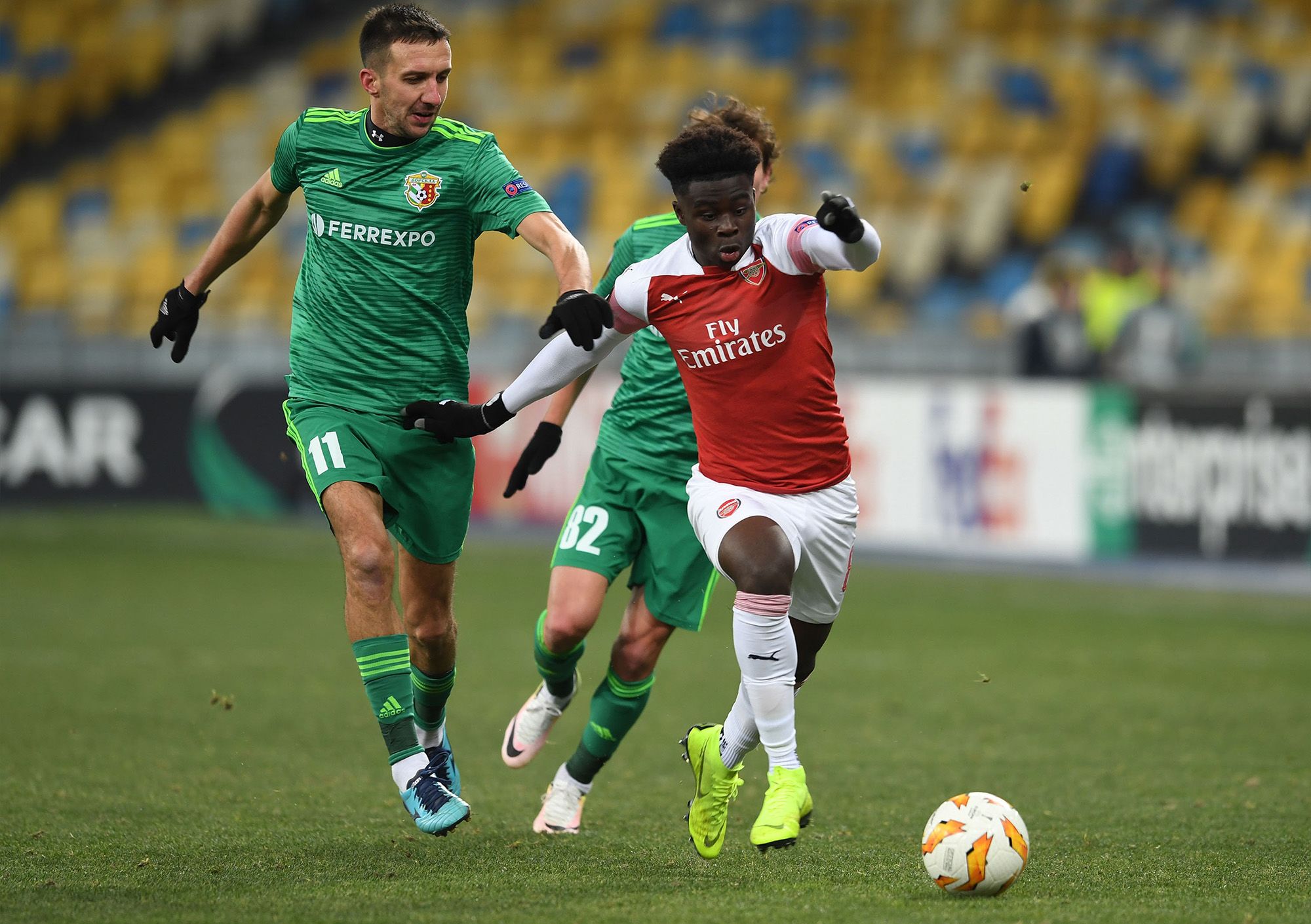 Bukayo Saka in action on his first-team debut against Vorskla Poltava in the UEFA Europa League group stage in November 2018